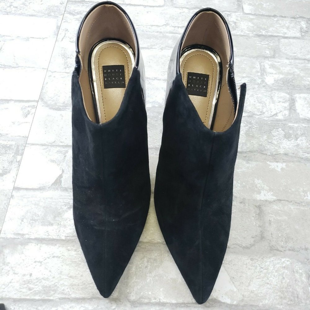 White House Black Market Eliza Bootie 8.5 Black Suede Patent Pointy Toe *flaw*